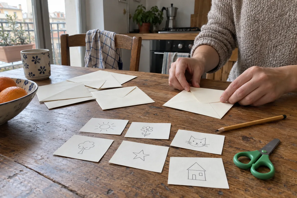 Scena illustrativa: un adulto prepara carta, buste e indizi sul tavolo.