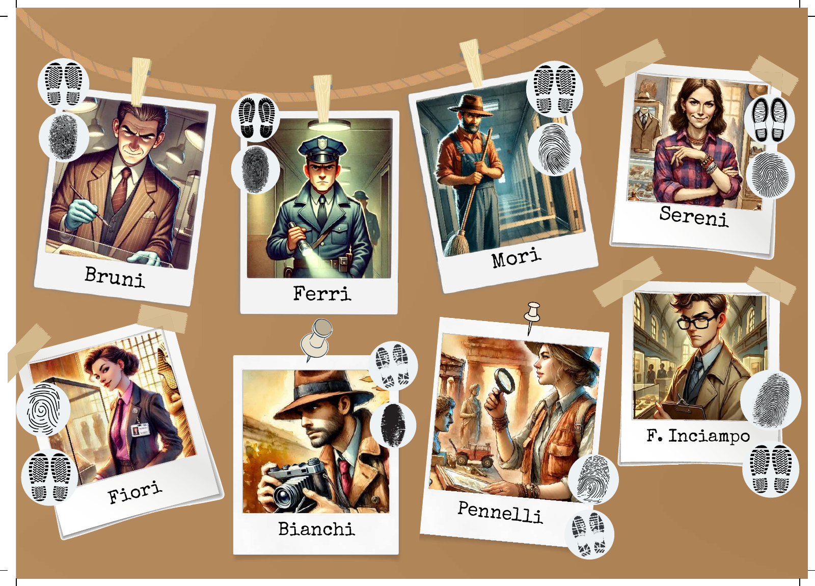 Tabellone degli otto sospetti del gioco Detective, versione italiana 6–9 anni.