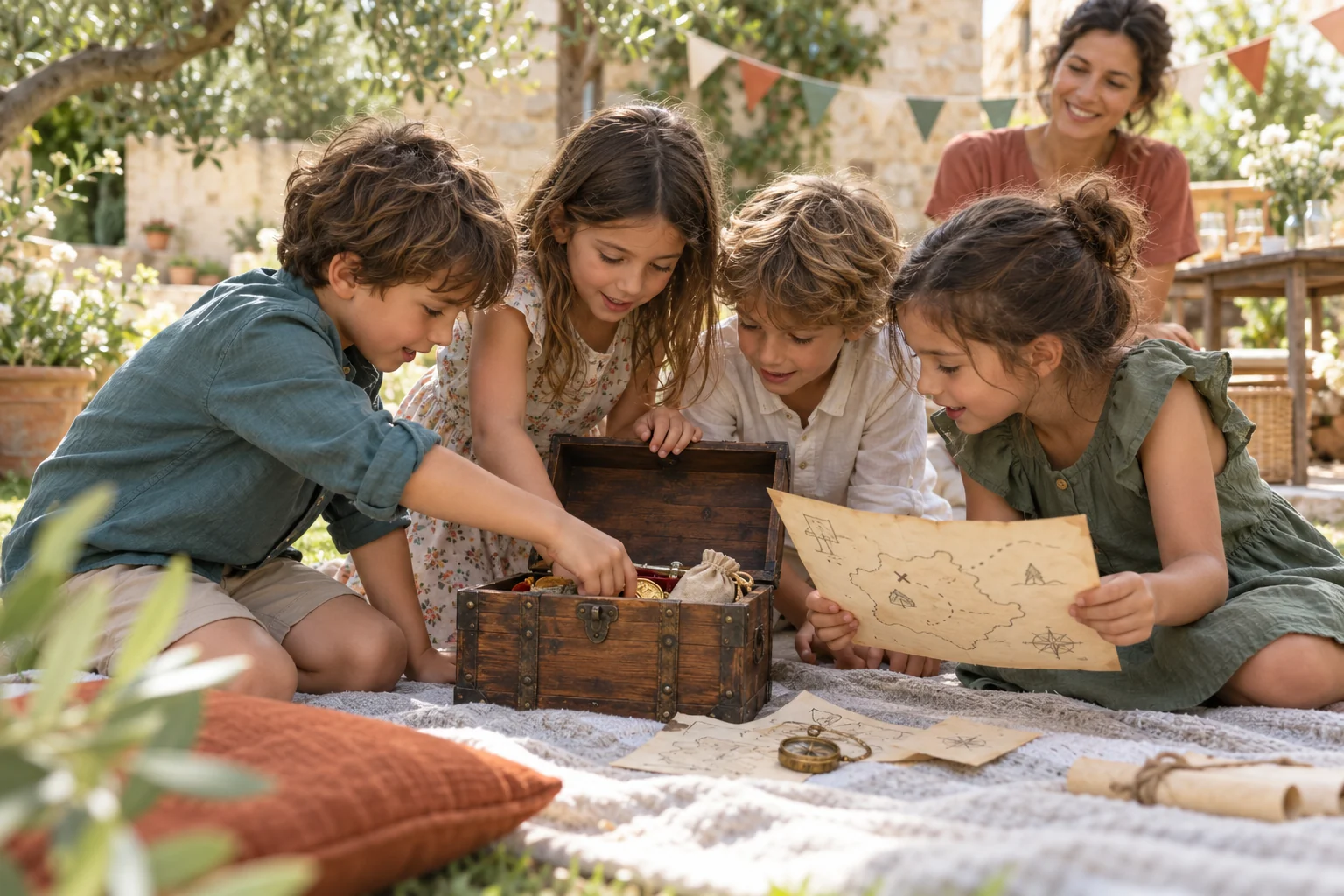 Scena illustrativa: bambini festeggiano insieme dopo una ricerca di indizi.