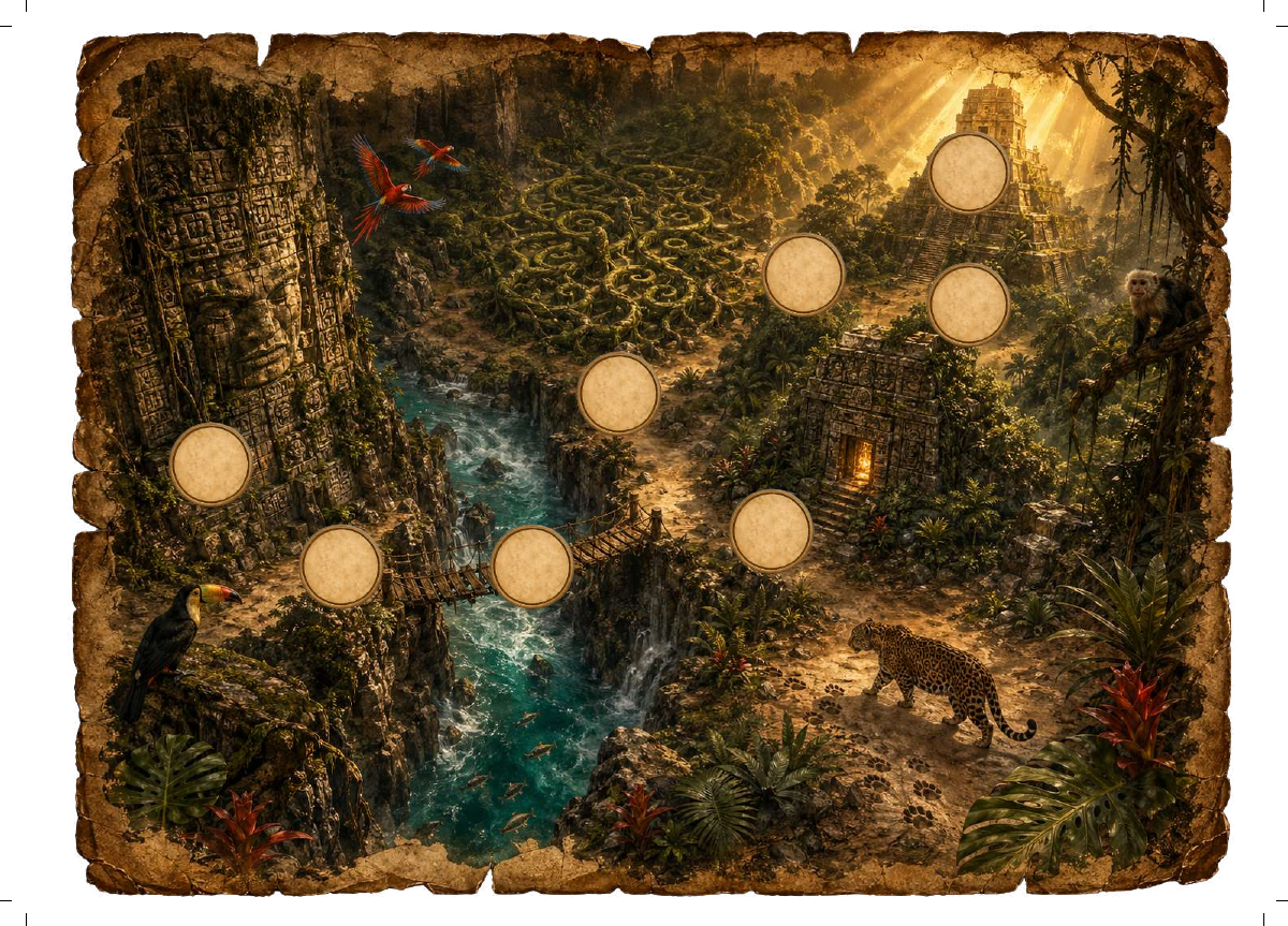 Mappa originale del gioco italiano Giungla, versione 4–6 anni: una spedizione tra animali, templi e sentieri.