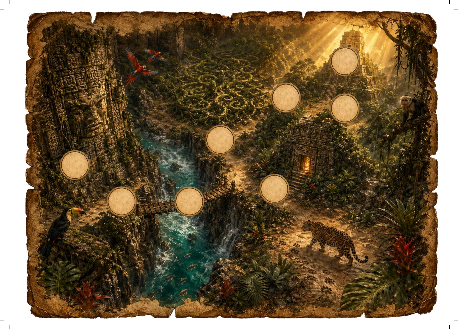 Mappa del tesoro della giungla con templi, animali e tappe, dal PDF italiano 6–9 anni.