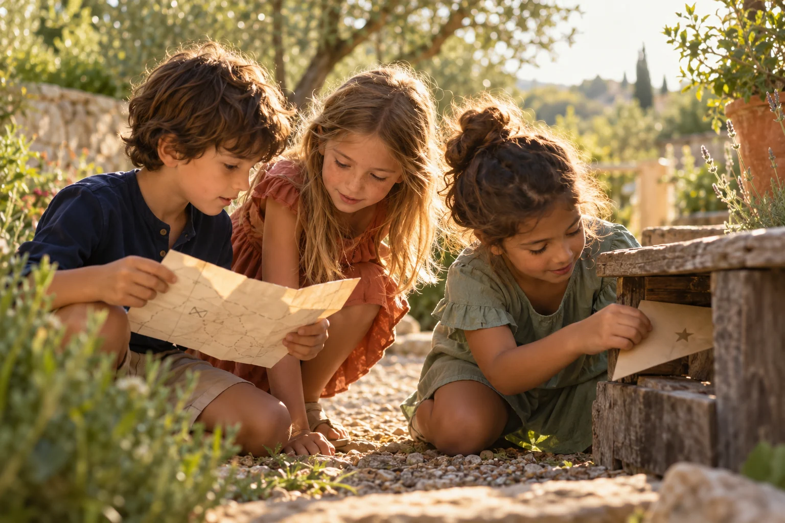 Scena illustrativa: tre bambini collaborano alla ricerca di un indizio in giardino.