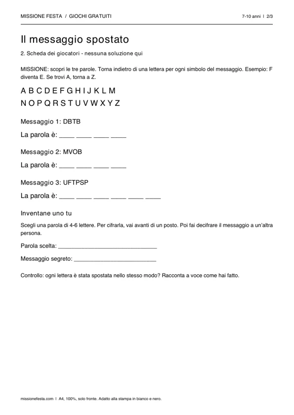 Anteprima reale del foglio di gioco gratuito: Il messaggio spostato
