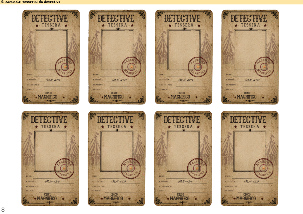 Tesserini da detective del Circo Magnifico da completare e distribuire.