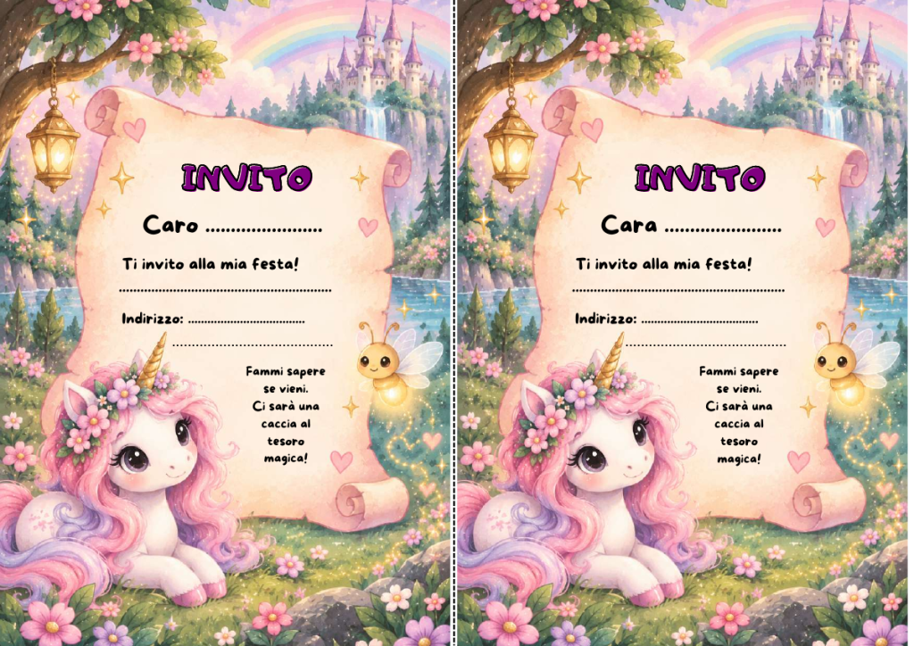 Due inviti alla festa degli unicorni con spazi per nome e indirizzo.
