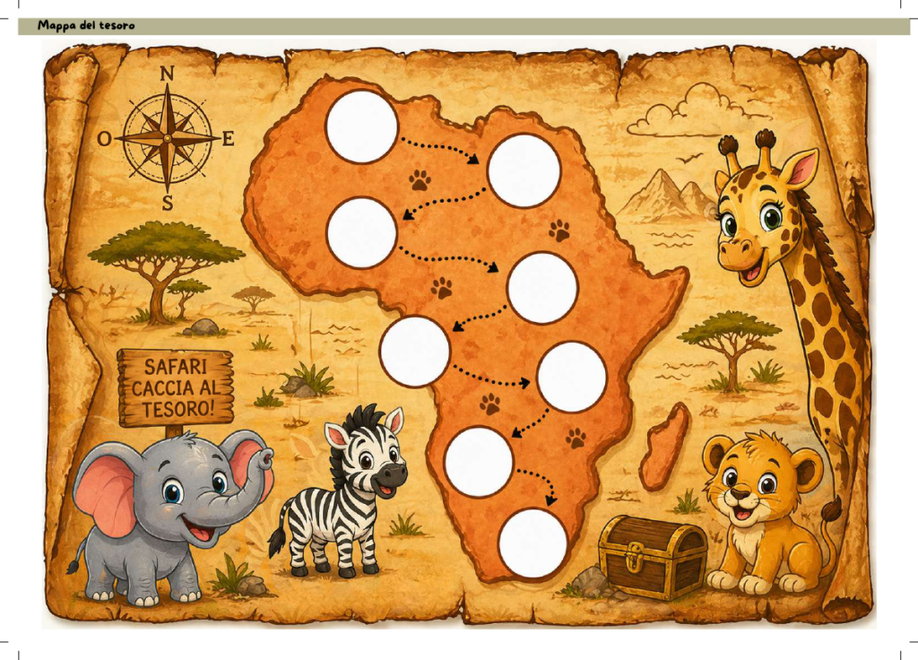 Mappa safari con animali, otto tappe vuote e percorso a impronte.