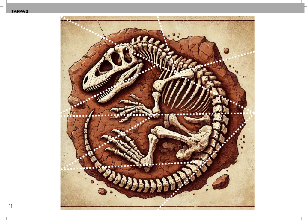 Puzzle dello scheletro di dinosauro, con linee tratteggiate per il taglio.