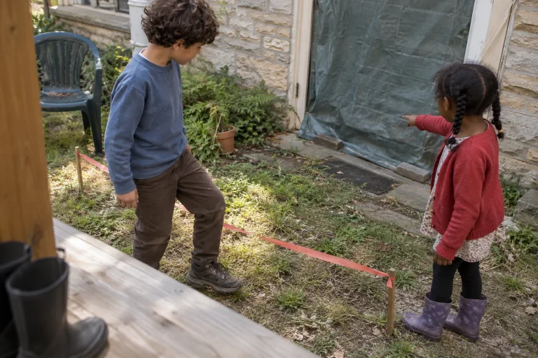 Due bambini riconoscono il confine e la base del gioco in giardino.