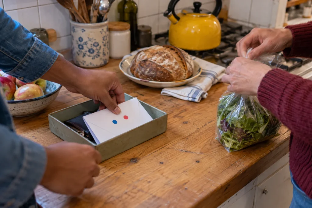 Due adulti separano materiali del gioco e preparativi della merenda.