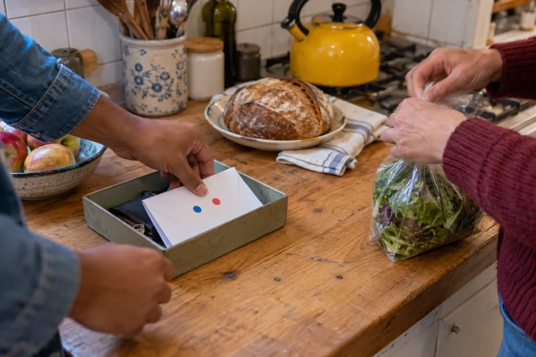 Due adulti separano materiali del gioco e preparativi della merenda.