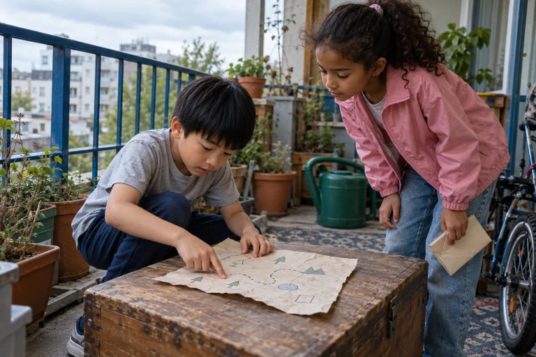 Due bambini preparano una rotta dei pirati accanto a una piccola cassa.