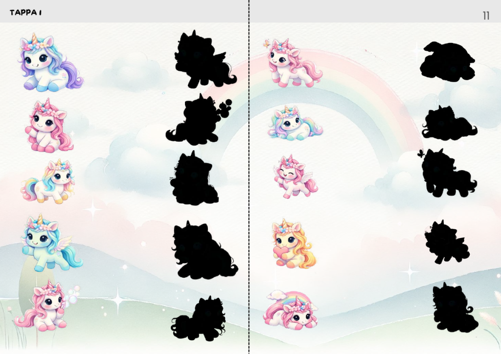 Unicorni illustrati e sagome nere da abbinare senza collegamenti già tracciati.