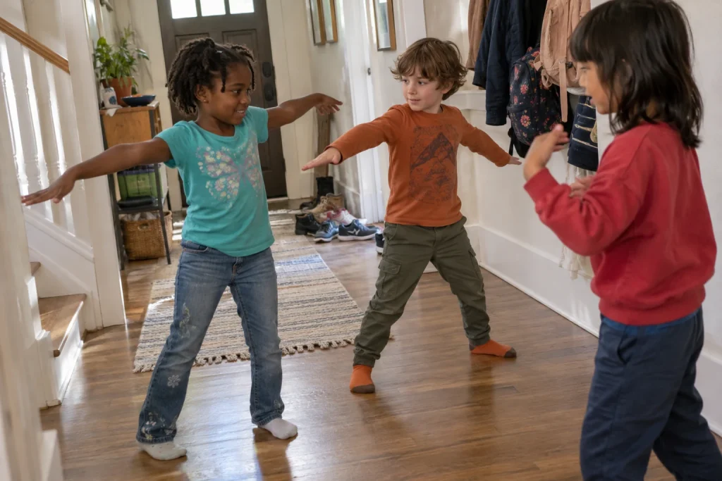 Tre bambini continuano insieme un gioco di gesti senza eliminazioni.