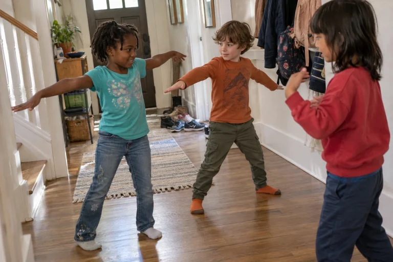 Tre bambini continuano insieme un gioco di gesti senza eliminazioni.
