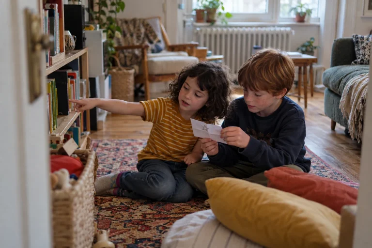 Due bambini confrontano una carta con una stella e cercano un indizio vicino alla libreria.