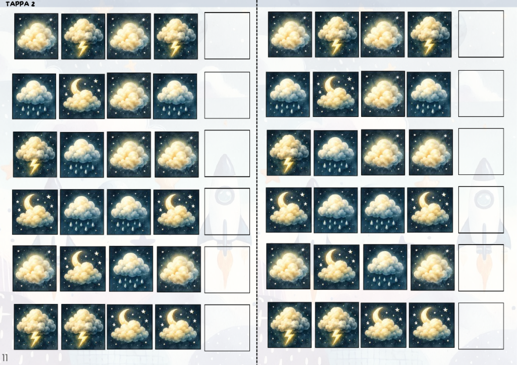 Sequenze di nuvole e fenomeni del cielo con caselle da completare.