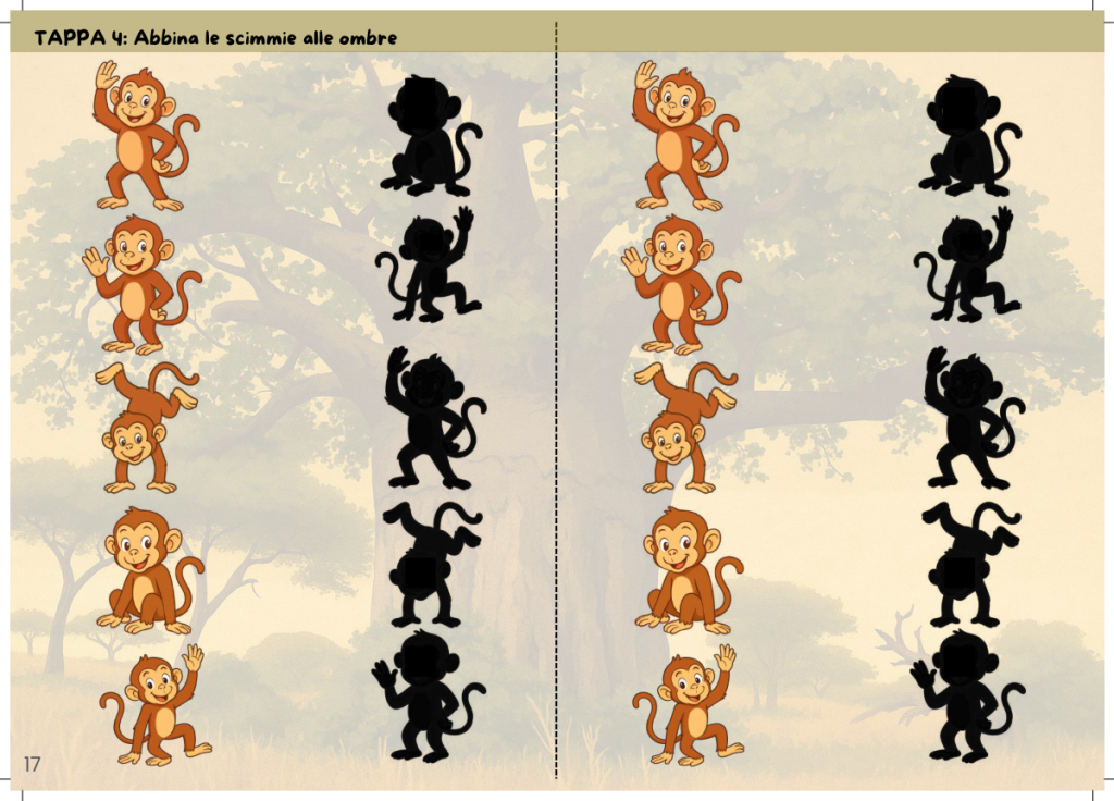 Pagina reale di Safari 4–6 anni: scimmie e ombre da abbinare.