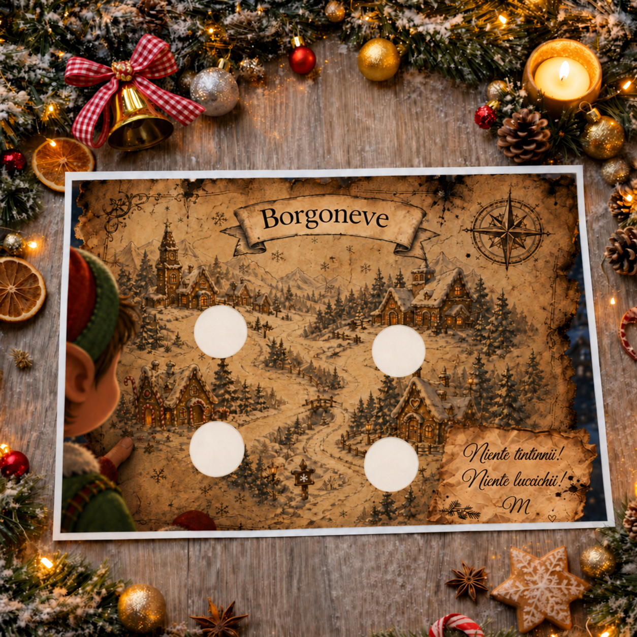 Mappa di Borgoneve con nota in italiano, villaggio innevato e quattro spazi delle tappe