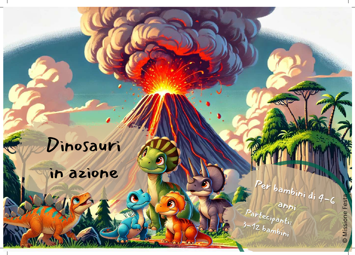 Copertina italiana di Dinosauri in azione, versione 4-6 anni, con dinosauri e un vulcano.
