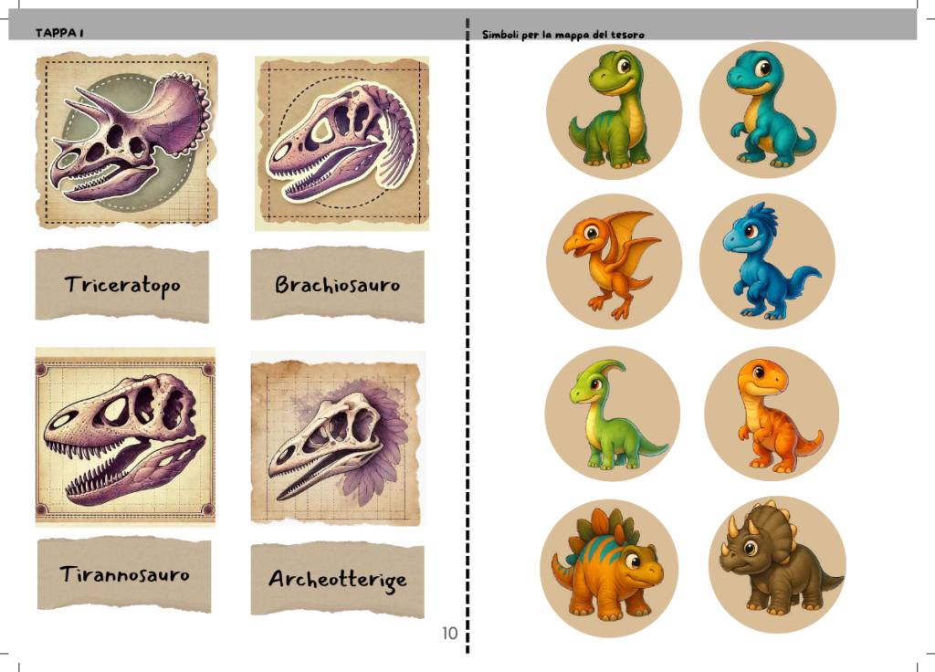 Pagina originale della tappa 1 di Dinosauri in azione 4-6 anni: quattro crani da associare ai nomi e simboli per la mappa.