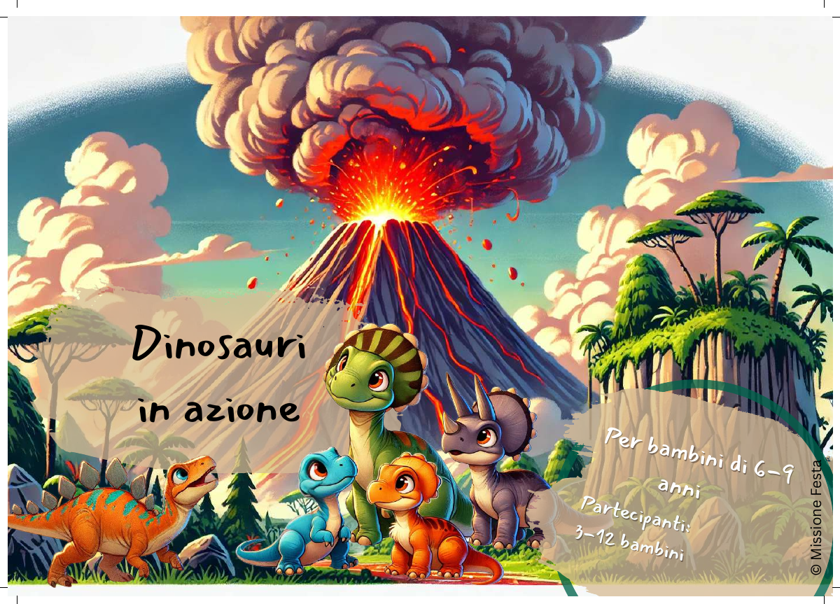 Copertina italiana di Dinosauri in azione, versione 6-9 anni, con dinosauri e un vulcano.
