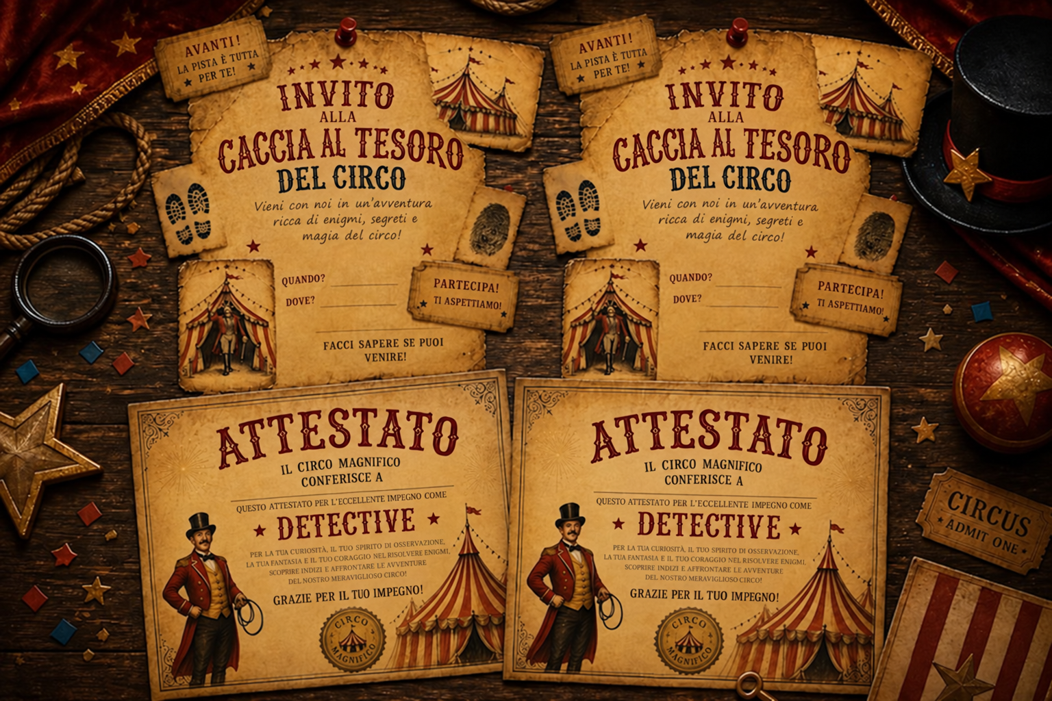 Inviti e attestati in italiano per piccoli detective del Circo Magnifico
