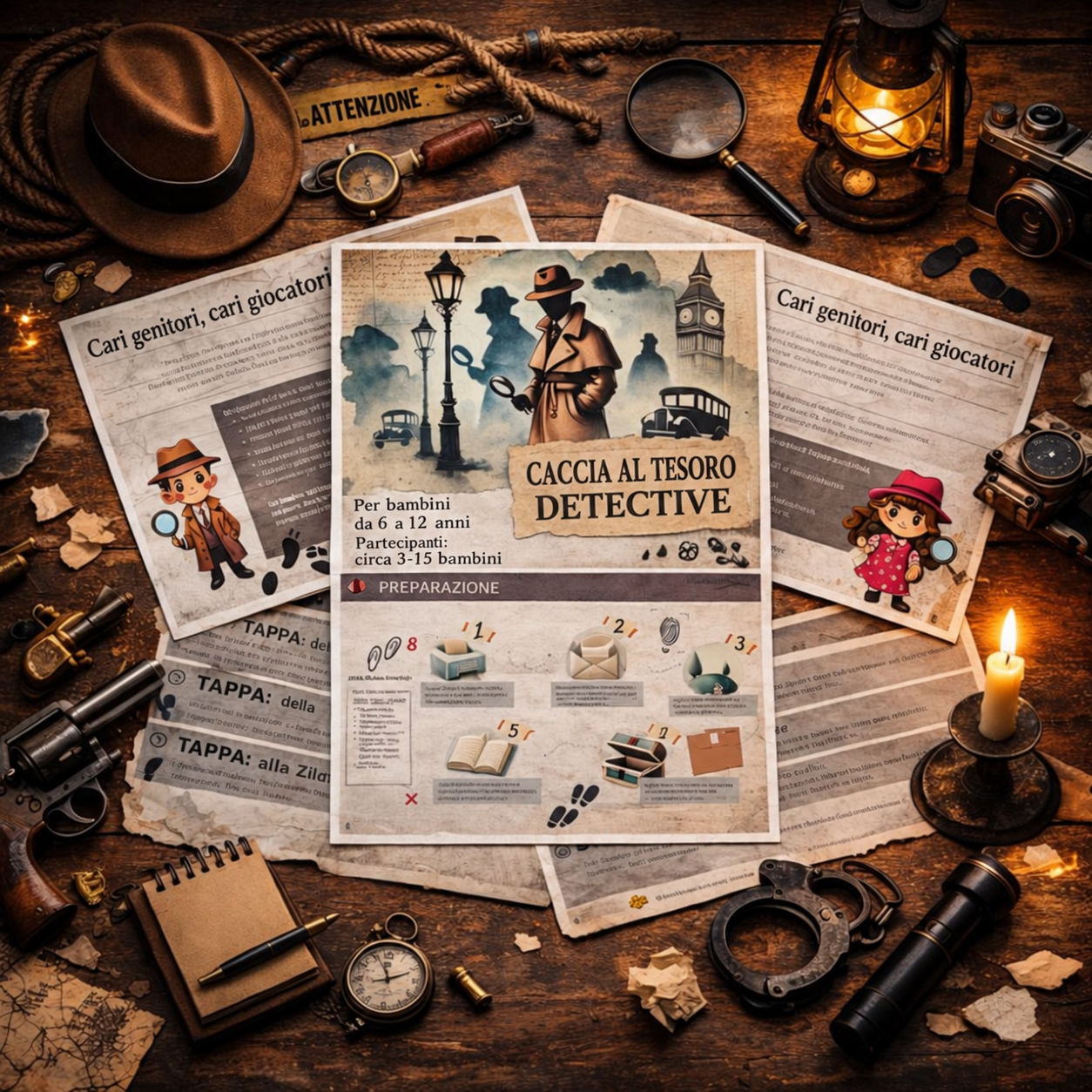 Panoramica dell’avventura detective, immagine illustrativa italiana dei materiali su un tavolo con oggetti da detective.