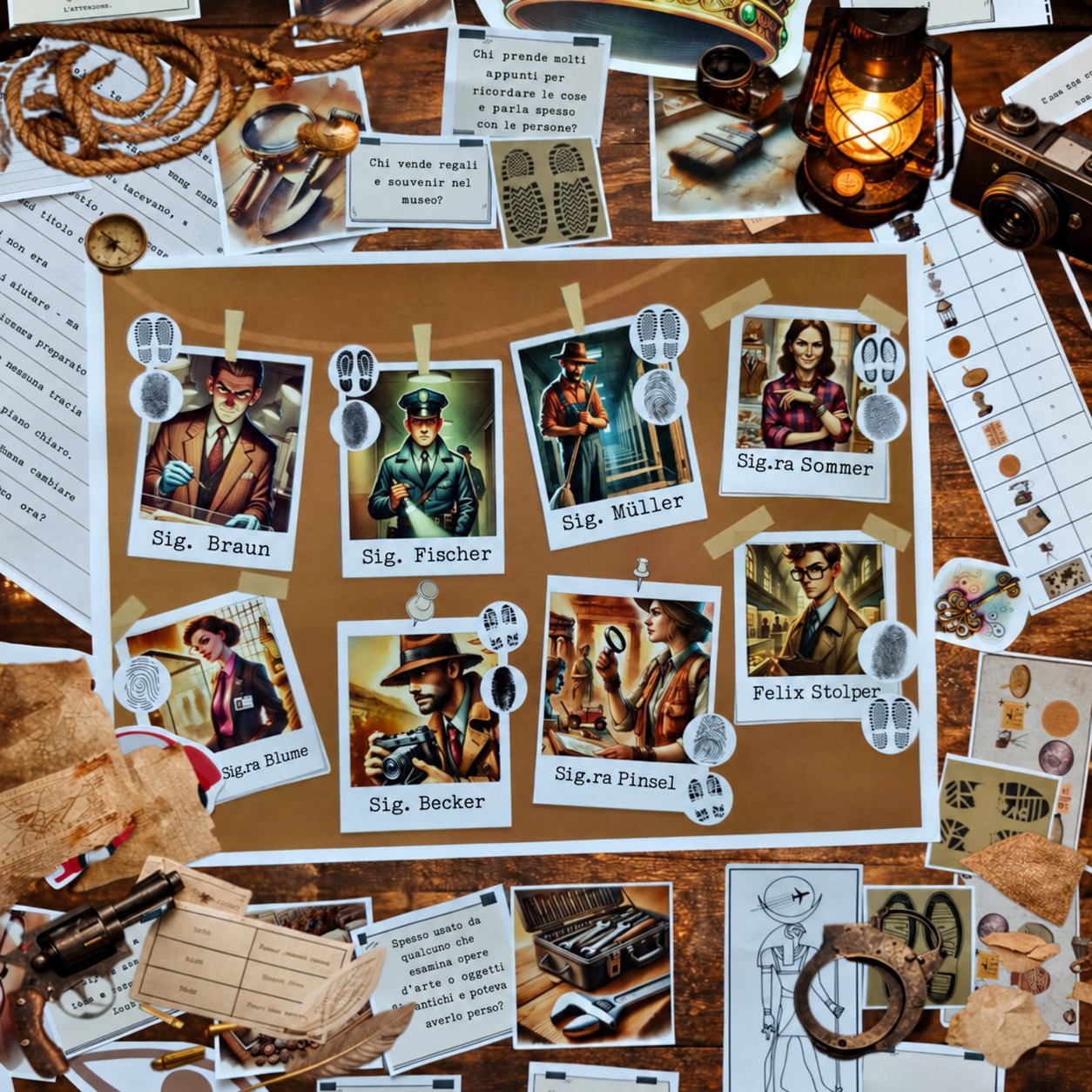 Carte dei sospettati con ritratti e impronte, schede degli indizi e materiali investigativi illustrativi.