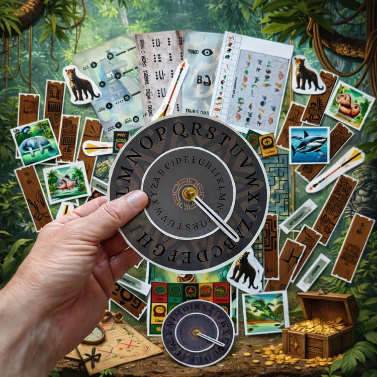 Una mano mostra la ruota del cifrario della giungla, davanti a schede e carte degli animali.