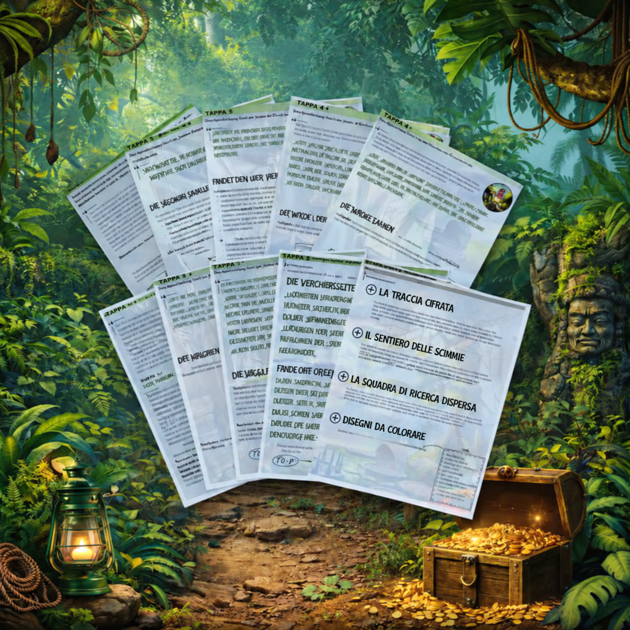 Pagine della guida della giungla con preparazione, prove e suggerimenti, davanti a una scena tropicale.