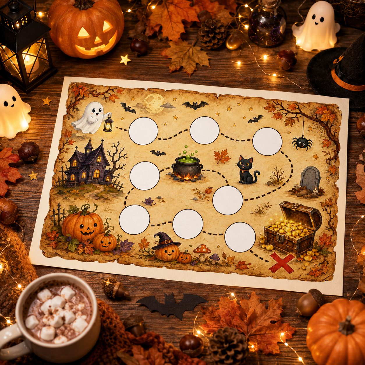 Mappa illustrata di Halloween con casa stregata, gatto, zucche e otto spazi delle tappe