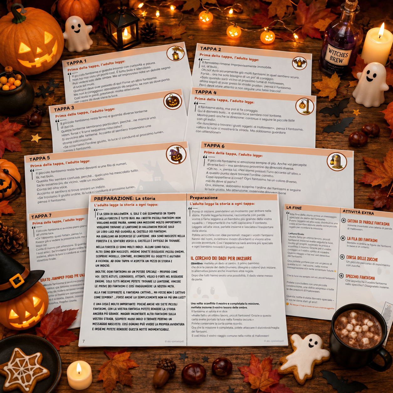 Schede italiane delle tappe e storia introduttiva della caccia al tesoro di Halloween