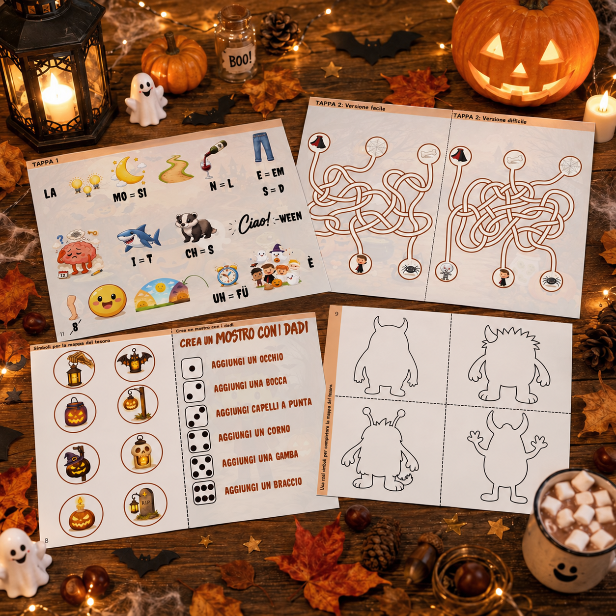 Fogli illustrati della caccia di Halloween con rebus, labirinti e attività del mostro con i dadi
