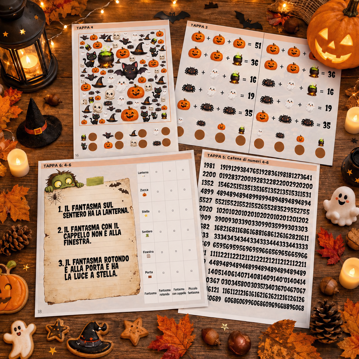 Schede di Halloween con ricerca di figure, calcoli, logica delle lanterne e catena di numeri