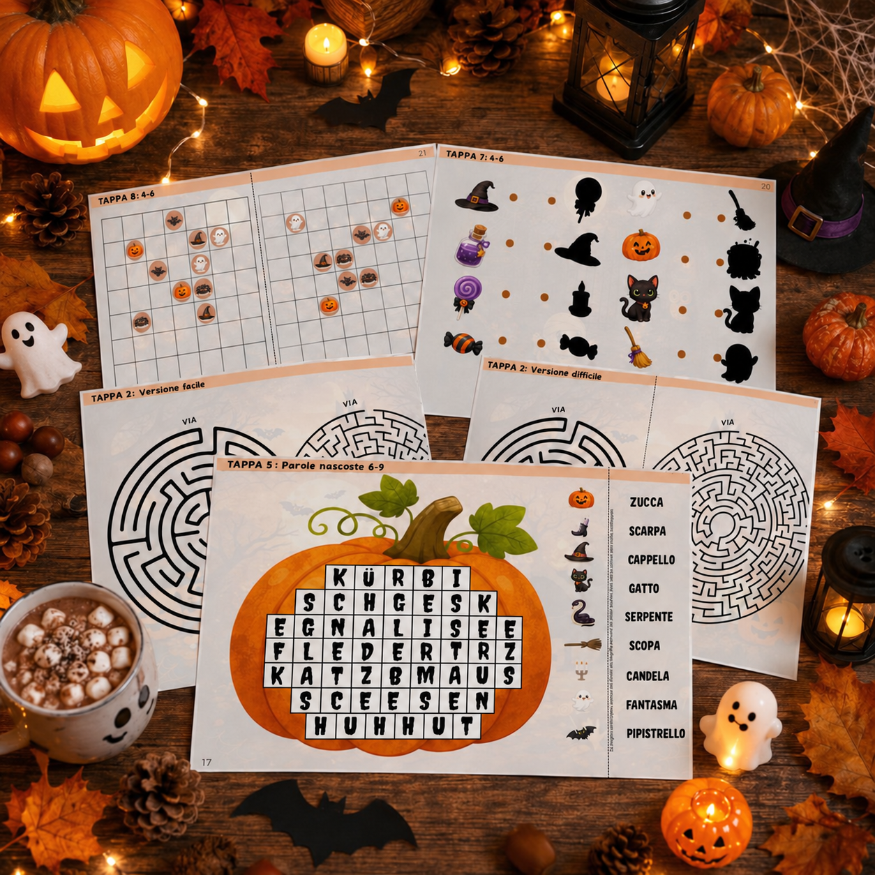 Giochi illustrati di Halloween con labirinti, ombre dei fantasmi e ricerca di parole