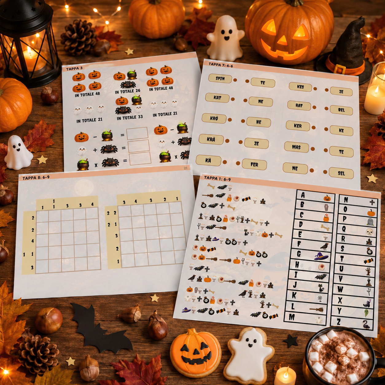 Schede di Halloween con calcoli, tessere di sillabe, codice illustrato e nonogrammi