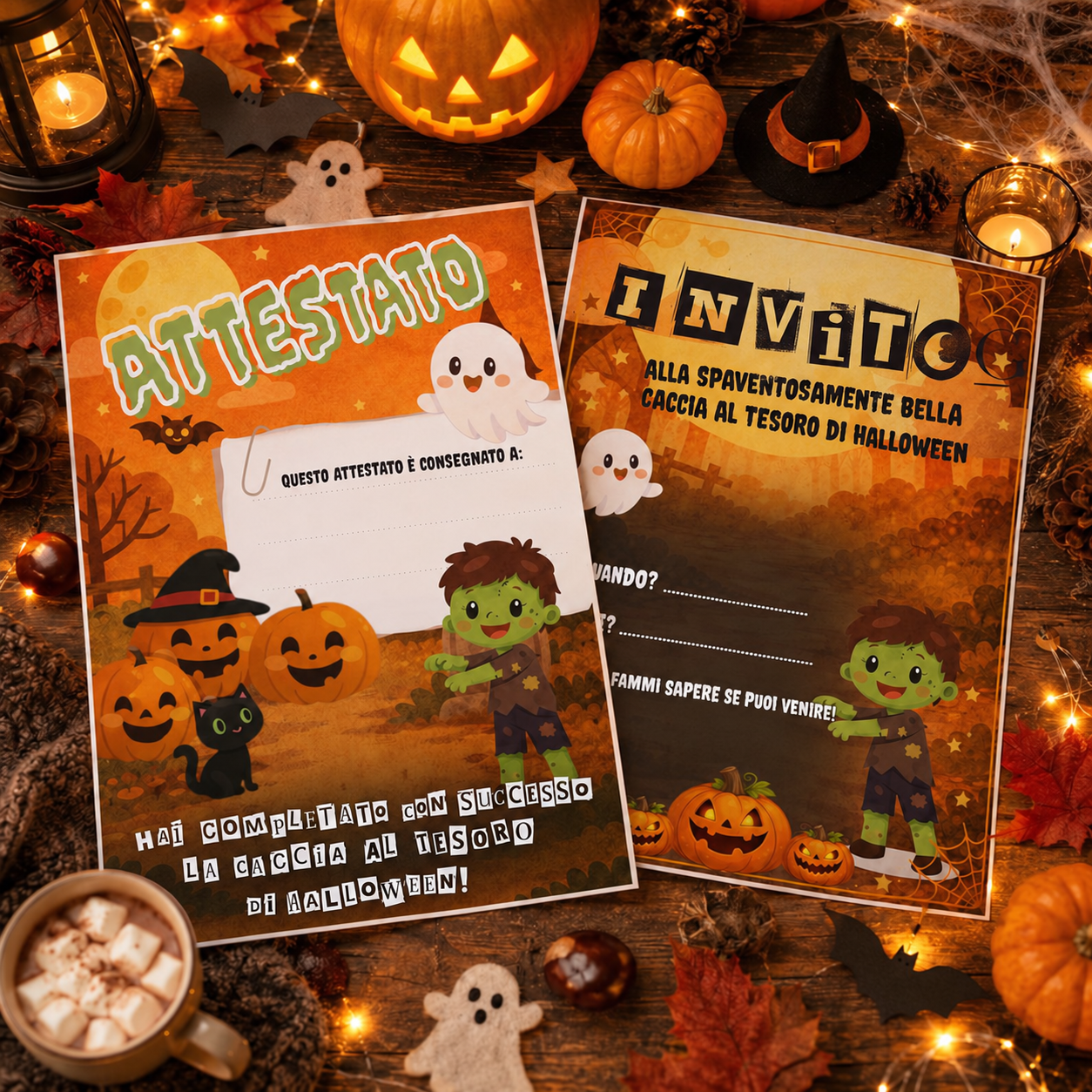 Invito e attestato in italiano della caccia al tesoro di Halloween con fantasmi e zucche