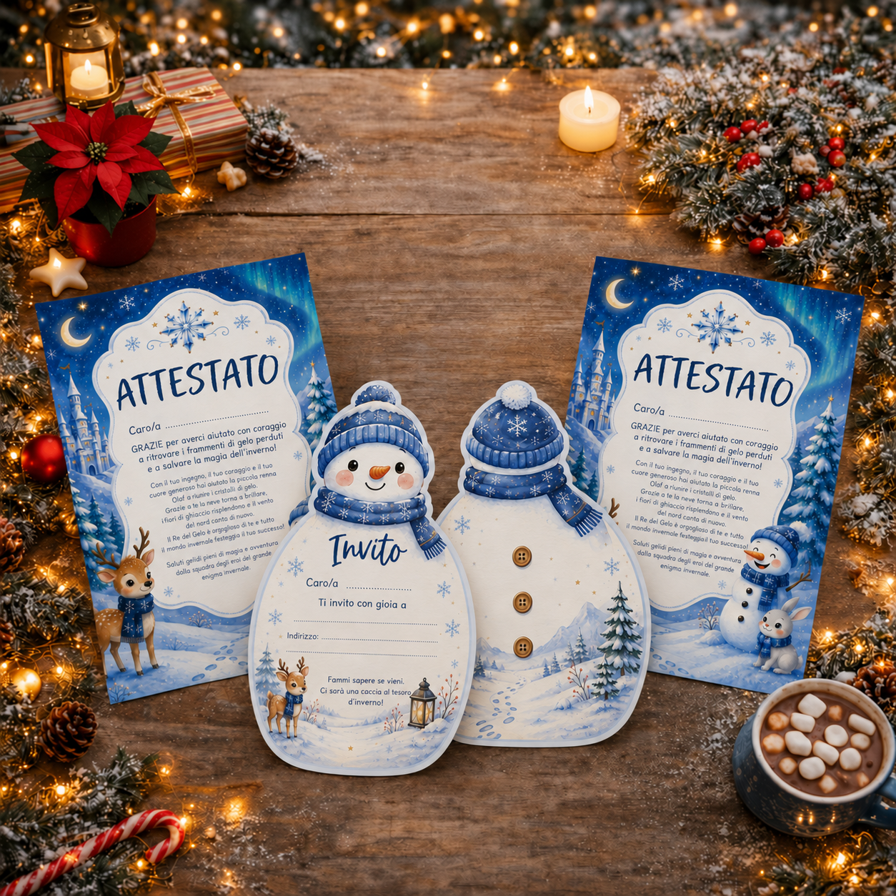 Invito a forma di pupazzo di neve e attestati in italiano della caccia al tesoro d’inverno