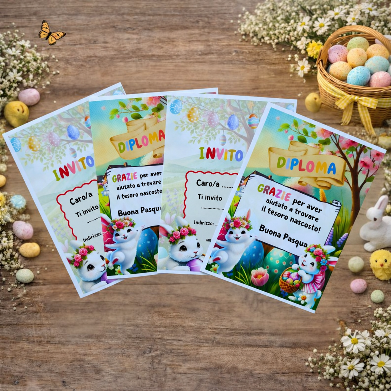 Inviti e diplomi di Pasqua con conigli e uova colorate, presentati su un tavolo.