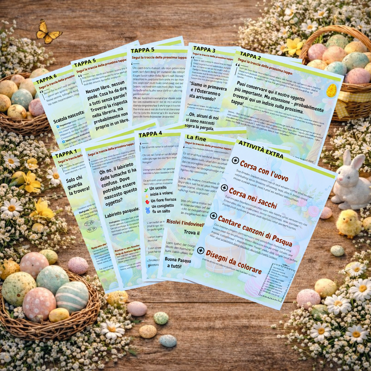Pagine illustrative della guida di Pasqua con tappe, suggerimenti e attività extra su un tavolo.