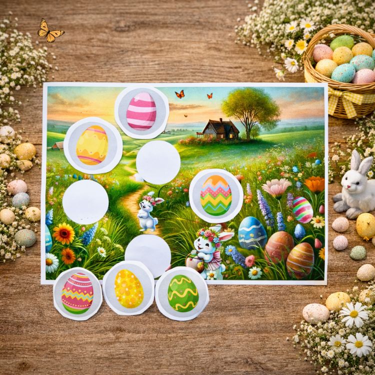 Mappa illustrativa di Pasqua con conigli, prato e cerchi per le uova delle tappe.