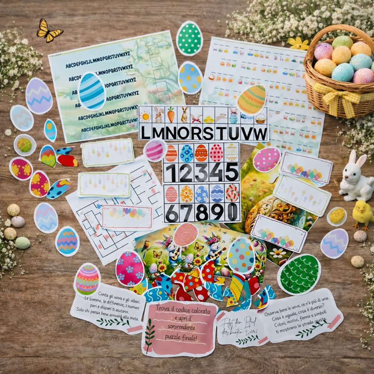 Materiali illustrativi di Pasqua con lettere, numeri, labirinto, uova colorate e indizi da ritagliare.