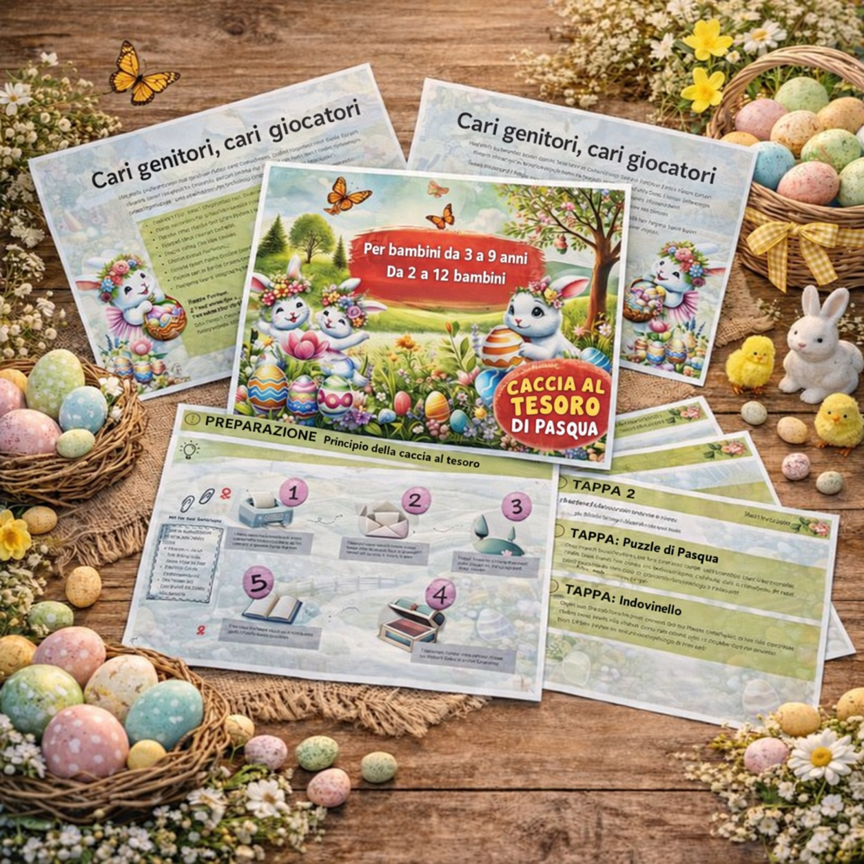 Presentazione di Pasqua con copertina, guida per gli adulti e prime prove, fra uova colorate e fiori.
