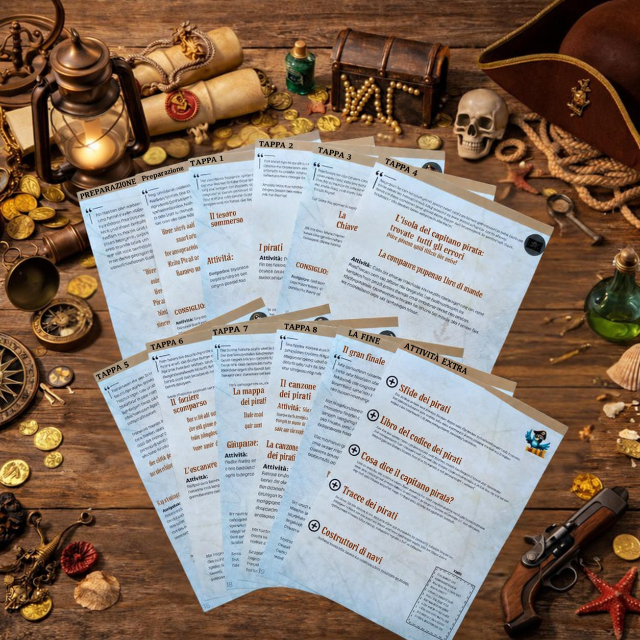 Carte delle tappe e attività extra della caccia al tesoro dei pirati, con titoli italiani.