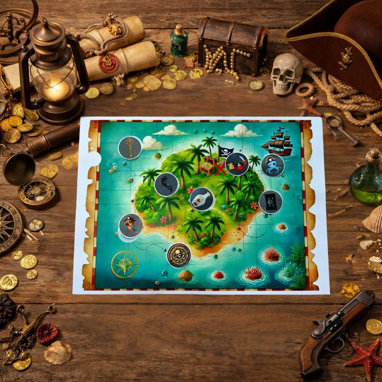 Mappa illustrata di un’isola dei pirati con sentieri, montagne e un tesoro.