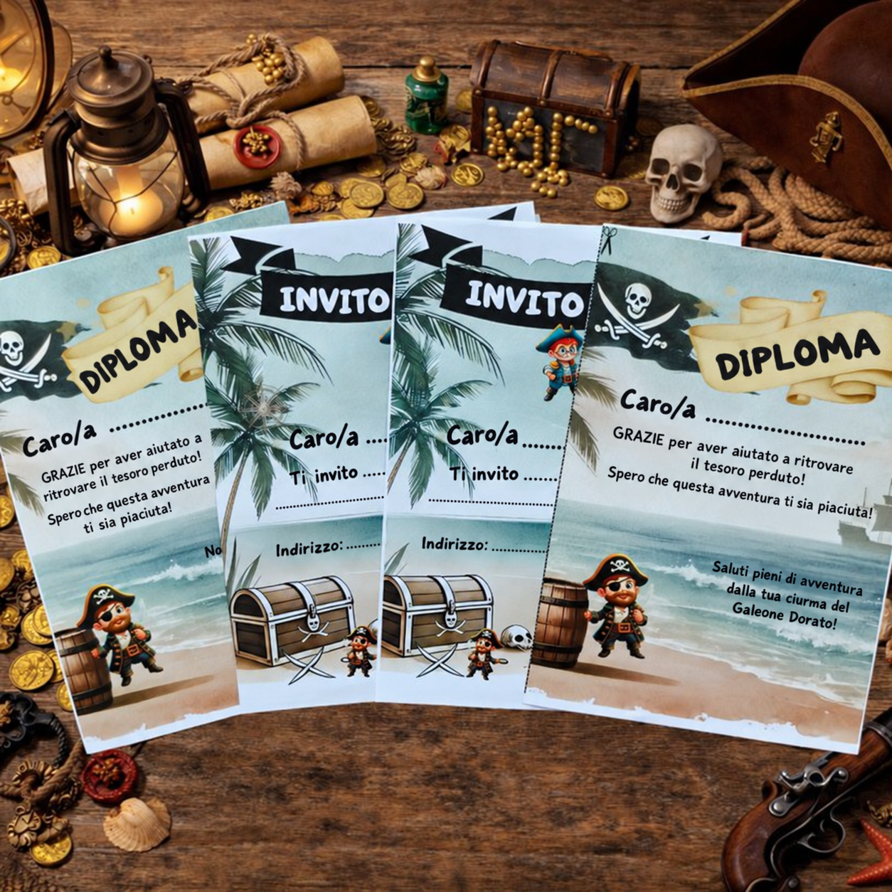Inviti e diploma italiani della ciurma dei pirati su un tavolo con decorazioni a tema.