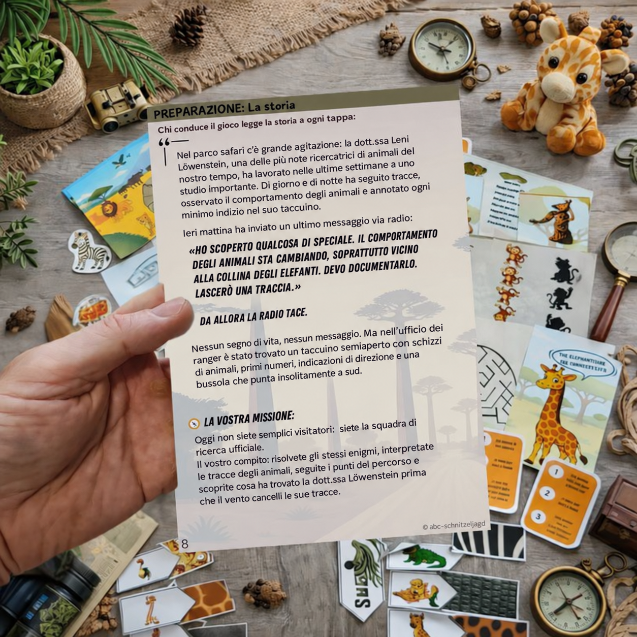 Storia e missione del safari in italiano su un foglio tenuto in mano