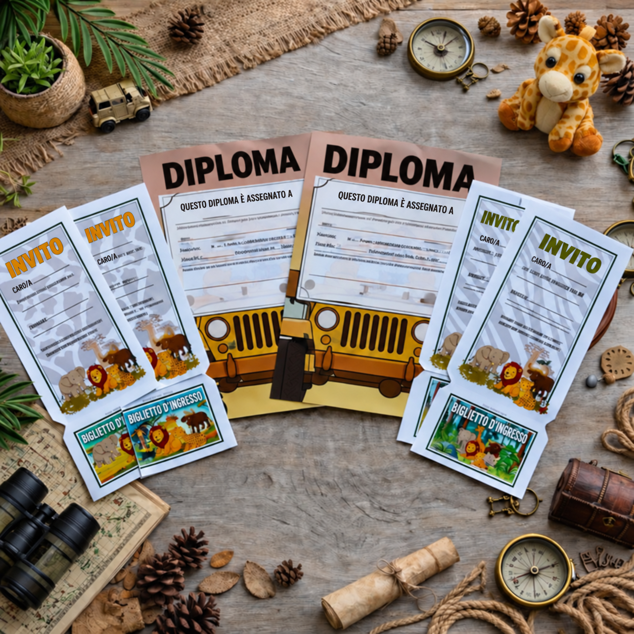 Diplomi e inviti a tema safari, con animali e un fuoristrada, presentati accanto alle schede del gioco.