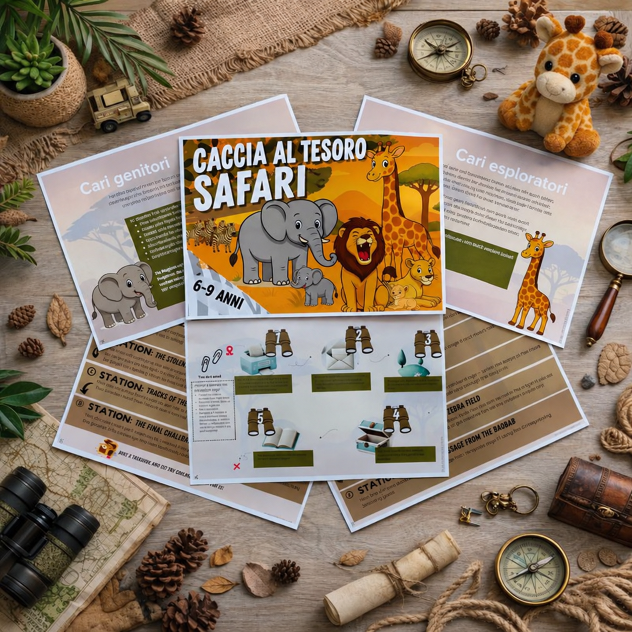 Presentazione del safari con copertina italiana, guida per gli adulti e schede delle prove su un tavolo.