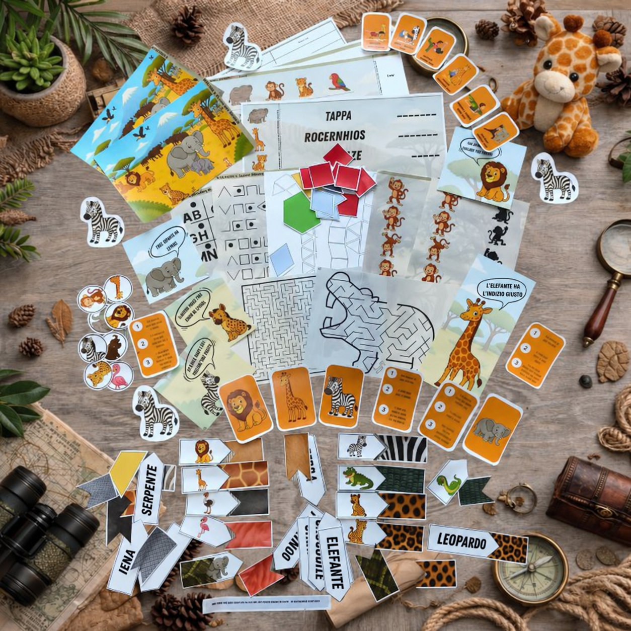 Materiali illustrativi del safari: puzzle geometrici, labirinto, carte degli animali e schede da ritagliare.